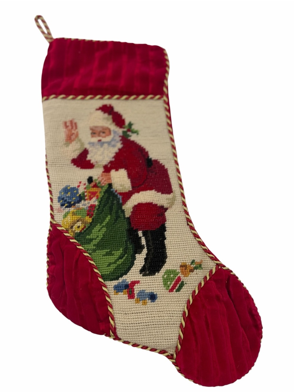 Vintage Needlepoint Santa Christmas Stocking Petit Point Stitch
